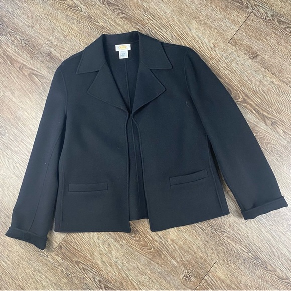 Talbots Blazer Jacket Women 12 Black Open Front 100% Wool Collard 2 Pockets - Picture 1 of 9